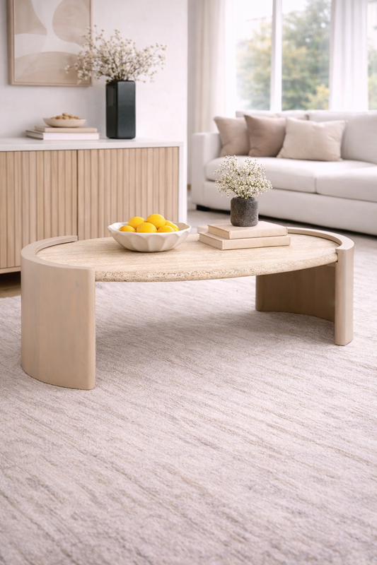 LEIONA TRAVERTINE AND WOOD COFFEE TABLE 16''