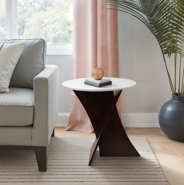 WHITE MARBLE TOP CRISS CROSS ACCENT TABLE 21x20"