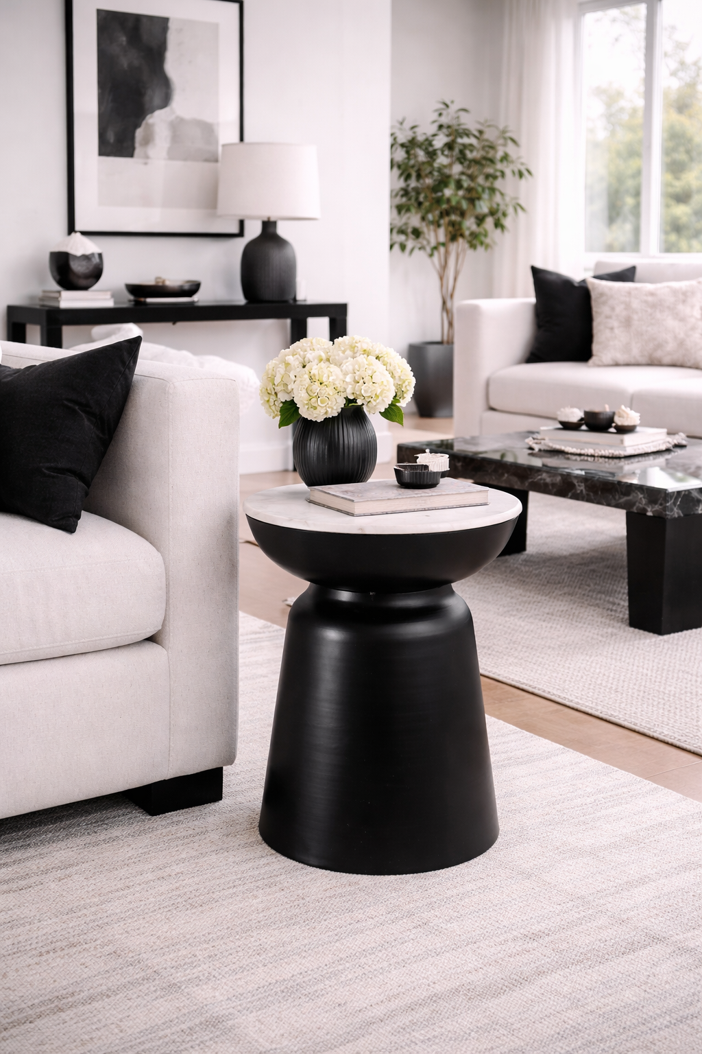 METAL ACCENT TABLE MARBLE TOP, BLACK/WHITE 20X15"