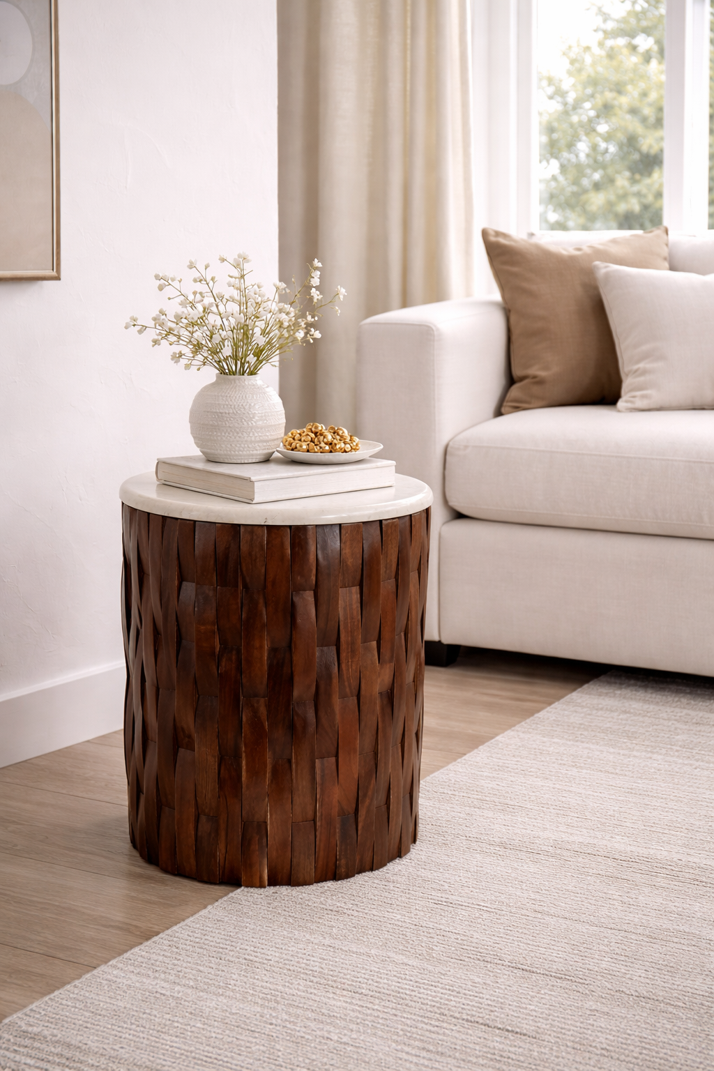 ACCENT TABLE WOVEN TEAK BASE , IVORY/BROWN 19''X14"