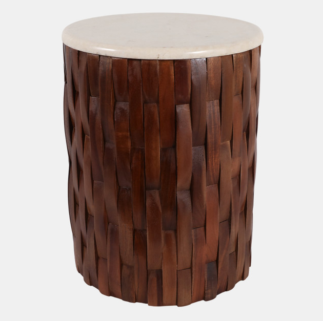 ACCENT TABLE WOVEN TEAK BASE , IVORY/BROWN 19''X14"