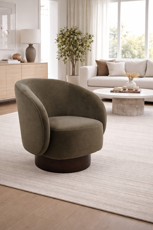 ACCENT CHAIR MODERN GREEN AND BROWN SWIVEL 32'' x 31''