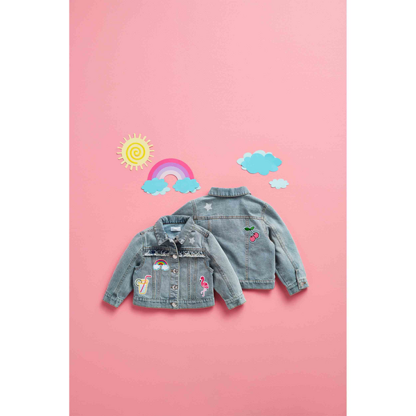 DENIM RUFFLE JACKET WITH PATCHES SMALL 12-18 MONTHS