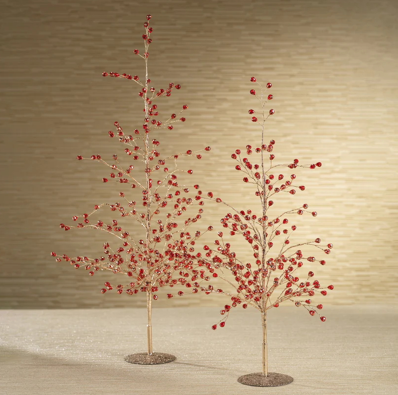 BEADED GLASS BERRY TREE-RED+GOLD SMALL