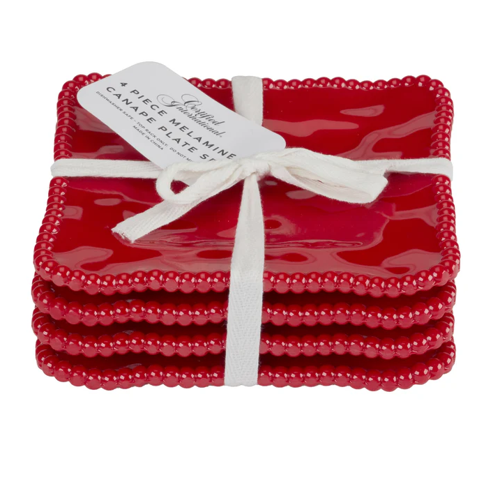 RED PERLETTE MELAMINE SET OF 4 SQUARE CANAPE PLATES