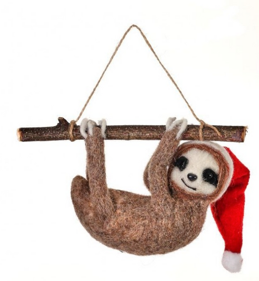 7" WOOL SLOTH ON TREE BRANCH ORNAMENT