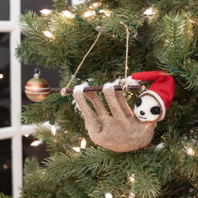 7" WOOL SLOTH ON TREE BRANCH ORNAMENT
