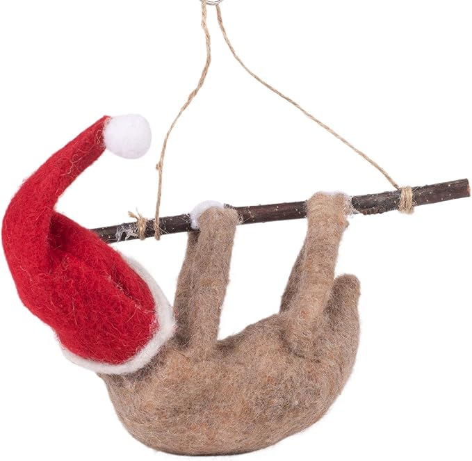 7" WOOL SLOTH ON TREE BRANCH ORNAMENT