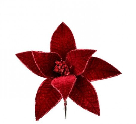 9" WINE RED VELVET GLITTERED EDGE POINSETTIA CLIP