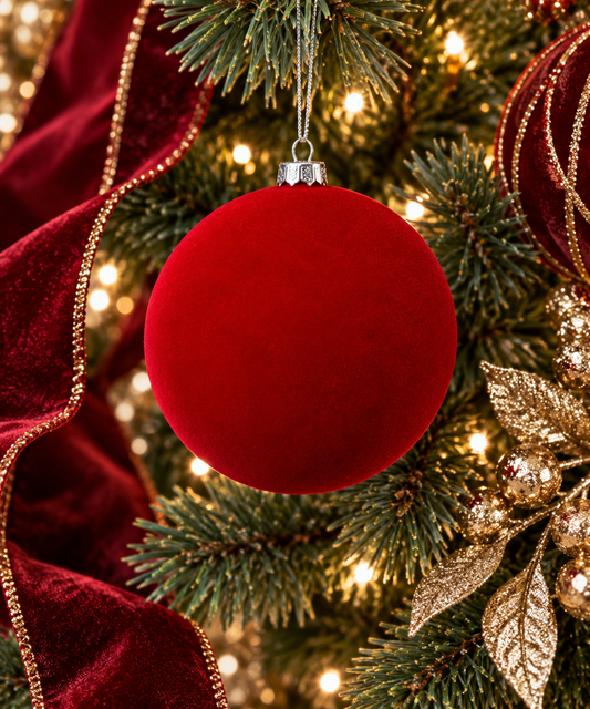 4'' VELVET BALL ORNAMENT BOX OF 4 RED