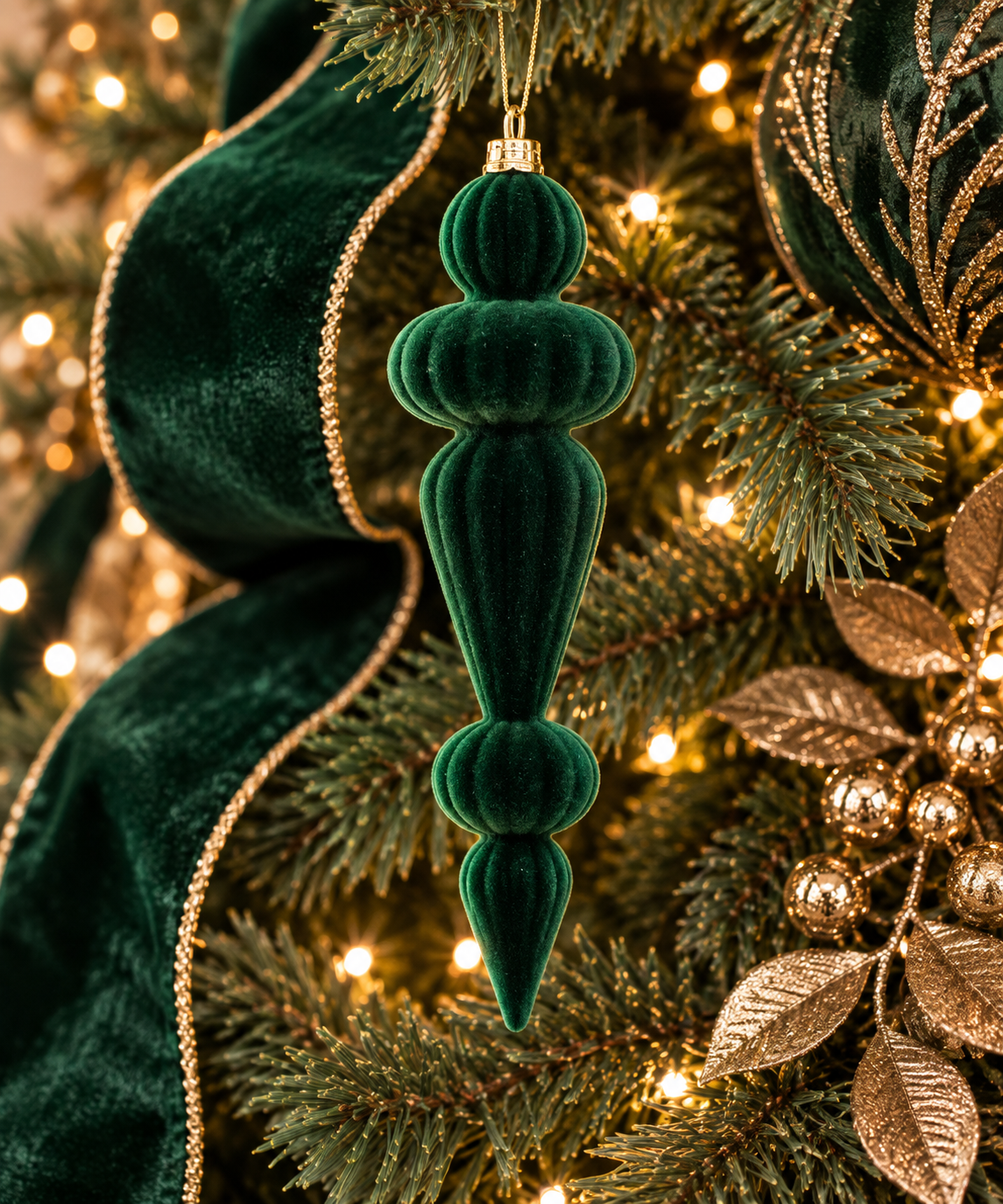 10'' VELVET FINIAL ORNAMENT GREEN