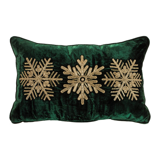 EMERALD PILLOW WITH SNOWFLAKES 20"L X 12"H