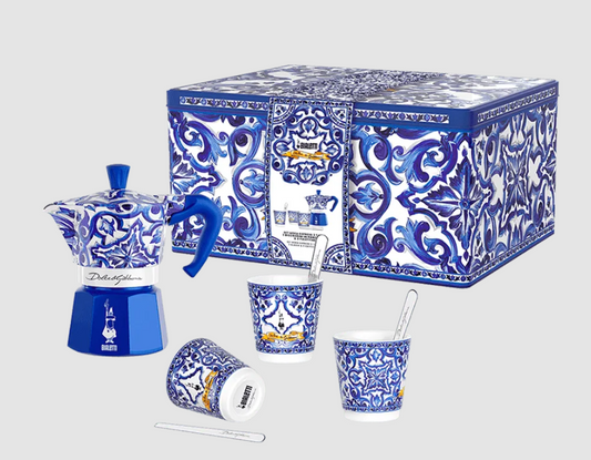BIALETTI x DOLCE & GABBANA MOKA BOX MEDIUM + 3 PORCELAIN CUPS & 3 SILVER STIR STICKS - MEDITERRANEAN BLUE