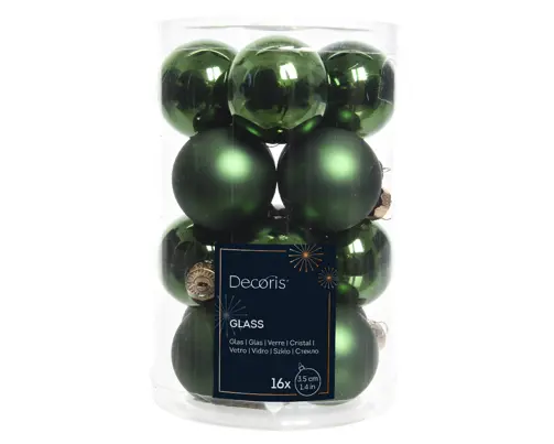 MINI PINE GREEN BAUBLES GLASS ENAMEL MATT MIX GREEN SET OF 16