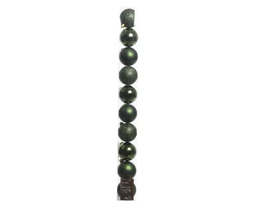 2'' PINE GREEN BAUBLES POLYSTYRENE SHINY,MATT,GLITTER MIX SET OF 10