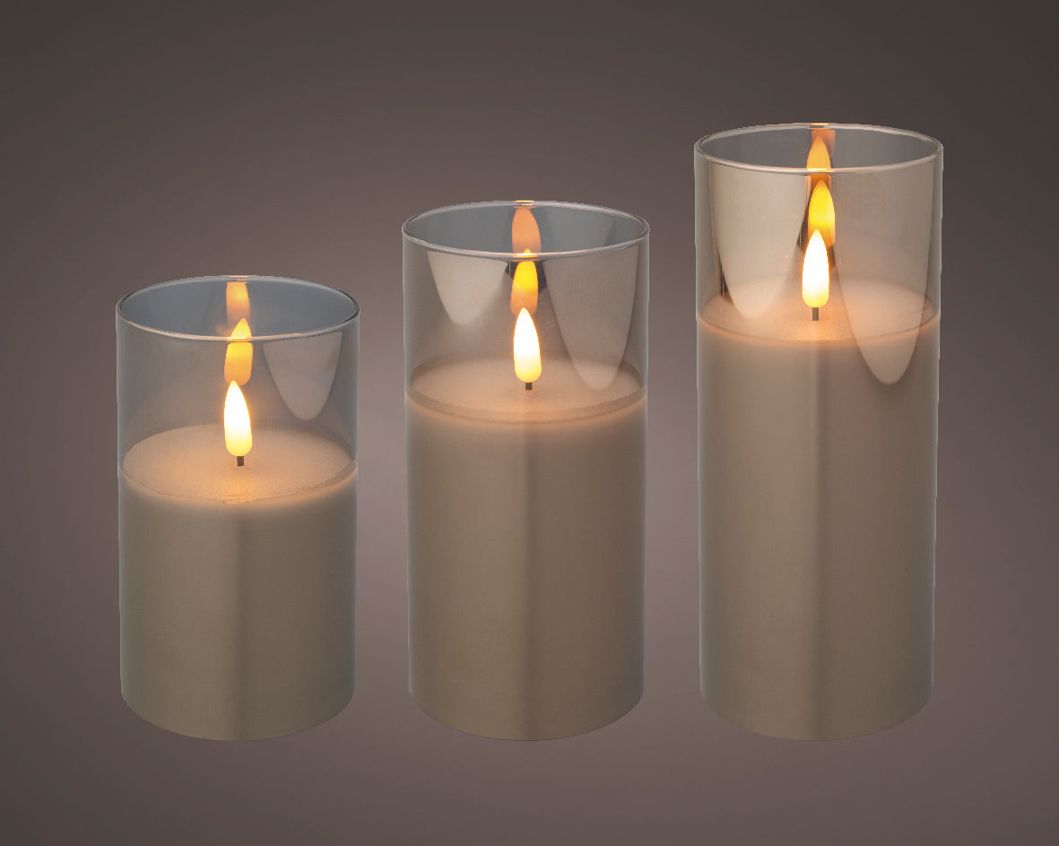 LED WICK CANDLE GLASS CYLINDER BOINDOOR-SMOKEY GRE