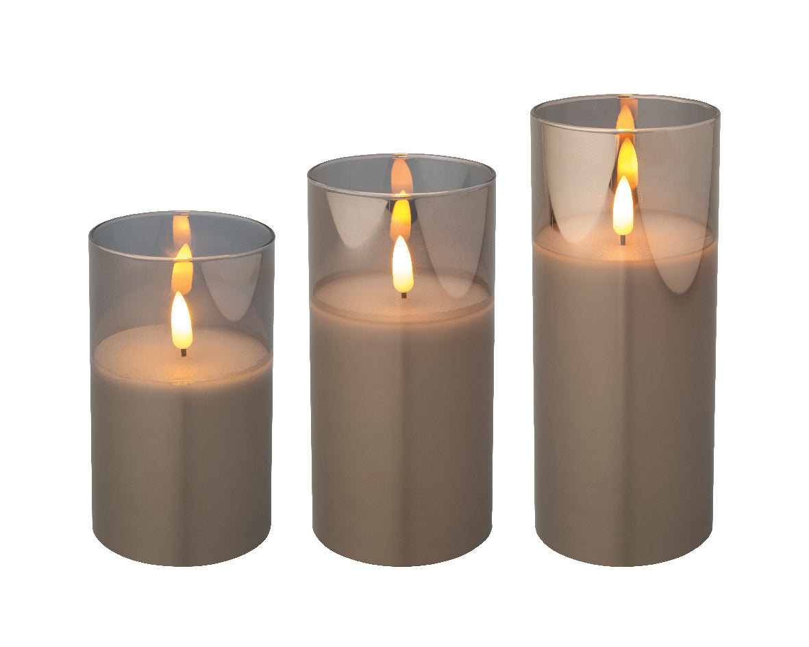LED WICK CANDLE GLASS CYLINDER BOINDOOR-SMOKEY GRE