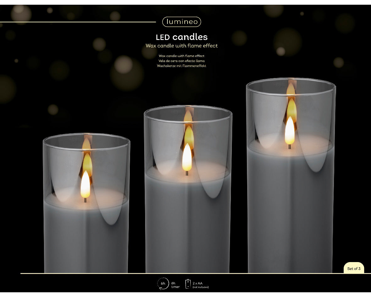 LED WICK CANDLE GLASS CYLINDER BOINDOOR-SMOKEY GRE